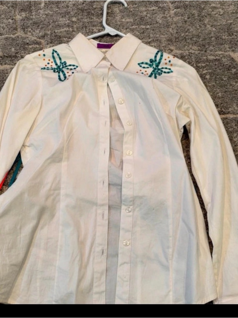 Cream Long-Sleeve Button-Down Shirt with Teal Embroidered Collar